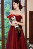 Burgundy Tulle Off the Shoulder Prom Dress, A-Line Evening Party Dress HZ0429