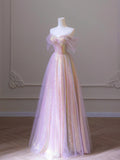 Shiny Tulle Sequins Long Prom Dress, A-Line Off the Shoulder Evening Dress HZ0429