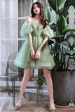 Green Tulle Short Prom Dress, Green A-Line Short Sleeve Party Dress HZ0429