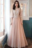 Pink Tulle Lace Long Prom Dresses, A-Line Long Sleeve Evening Dresses HZ0429