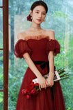 Burgundy Tulle Off the Shoulder Prom Dress, A-Line Evening Party Dress HZ0429