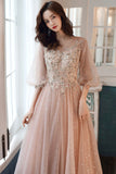 Pink Tulle Lace Long Prom Dresses, A-Line Long Sleeve Evening Dresses HZ0429