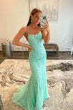 Green Tulle Lace Long Prom Dress, Green Backless Evening Dress HZ0429
