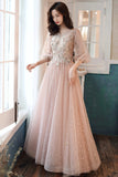 Pink Tulle Lace Long Prom Dresses, A-Line Long Sleeve Evening Dresses HZ0429