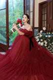 Burgundy Tulle Off the Shoulder Prom Dress, A-Line Evening Party Dress HZ0429