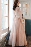 Pink Tulle Lace Long Prom Dresses, A-Line Long Sleeve Evening Dresses HZ0429