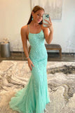 Green Tulle Lace Long Prom Dress, Green Backless Evening Dress HZ0429