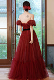 Burgundy Tulle Off the Shoulder Prom Dress, A-Line Evening Party Dress HZ0429