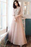 Pink Tulle Lace Long Prom Dresses, A-Line Long Sleeve Evening Dresses HZ0429