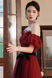 Burgundy Tulle Off the Shoulder Prom Dress, A-Line Evening Party Dress HZ0429