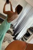 Green Tulle Lace Long Prom Dress, Green Backless Evening Dress HZ0429
