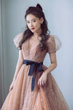 Cute Tulle Long Prom Dress, A-Line Short Sleeve Evening Party Dress HZ0429