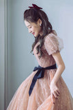 Cute Tulle Long Prom Dress, A-Line Short Sleeve Evening Party Dress HZ0429