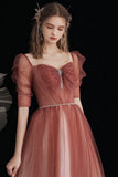 Red Gradient Beaded Tulle A-Line Long Formal Dress, Red Junior Prom Dress HZ0429