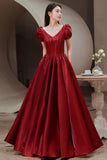Red V-Neck Satin Long Prom Dress, A-Line Evening Dress HZ0429
