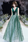 Green Velvet Tulle Long Prom Dresses, V-Neck Green Evening Dresses HZ0429