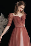 Red Gradient Beaded Tulle A-Line Long Formal Dress, Red Junior Prom Dress HZ0429
