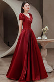 Red V-Neck Satin Long Prom Dress, A-Line Evening Dress HZ0429