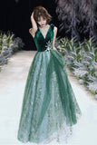 Green Velvet Tulle Long Prom Dresses, V-Neck Green Evening Dresses HZ0429
