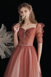 Red Gradient Beaded Tulle A-Line Long Formal Dress, Red Junior Prom Dress HZ0429
