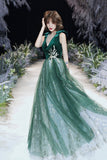 Green Velvet Tulle Long Prom Dresses, V-Neck Green Evening Dresses HZ0429
