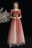 Red Gradient Beaded Tulle A-Line Long Formal Dress, Red Junior Prom Dress HZ0429