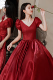Red V-Neck Satin Long Prom Dress, A-Line Evening Dress HZ0429