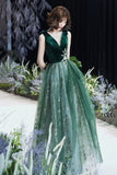 Green Velvet Tulle Long Prom Dresses, V-Neck Green Evening Dresses HZ0429