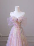 Shiny Tulle Sequins Long Prom Dress, A-Line Off the Shoulder Evening Dress HZ0429