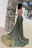 Green A-Line Backless Long Prom Dresses, Evening Dresses HZ0429