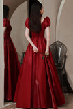 Red V-Neck Satin Long Prom Dress, A-Line Evening Dress HZ0429