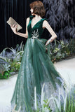 Green Velvet Tulle Long Prom Dresses, V-Neck Green Evening Dresses HZ0429