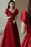 Red V-Neck Satin Long Prom Dress, A-Line Evening Dress HZ0429