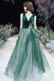 Green Velvet Tulle Long Prom Dresses, V-Neck Green Evening Dresses HZ0429
