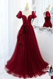 A-Line Satin Tulle Long Prom Dresses, Burgundy Evening Dresses HZ0429