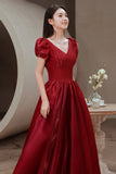 Red V-Neck Satin Long Prom Dress, A-Line Evening Dress HZ0429