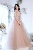 Pink Tulle Lace Long Formal Dresses, A-Line Evening Dresses HZ0429