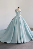 Blue Satin Long A-Line Ball Gown, Blue Evening Gown with Train HZ0429