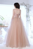 Pink Tulle Lace Long Formal Dresses, A-Line Evening Dresses HZ0429