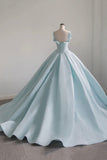 Blue Satin Long A-Line Ball Gown, Blue Evening Gown with Train HZ0429