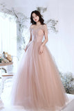 Pink Tulle Lace Long Formal Dresses, A-Line Evening Dresses HZ0429
