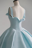 Blue Satin Long A-Line Ball Gown, Blue Evening Gown with Train HZ0429