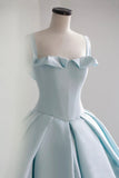 Blue Satin Long A-Line Ball Gown, Blue Evening Gown with Train HZ0429