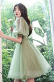 Green Tulle Short Prom Dress, Green A-Line Short Sleeve Party Dress HZ0429