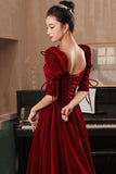 Burgundy Velvet Long Prom Dresses, A-Line Evening Dresses HZ0429