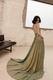 Green A-Line Backless Long Prom Dresses, Evening Dresses HZ0429