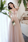 Pink Strapless Lace Long Prom Dresses, A-Line Evening Dresses HZ0429