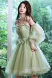 Green Tulle Short Prom Dress, Green A-Line Party Dress with Bow HZ0429