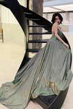 Green A-Line Backless Long Prom Dresses, Evening Dresses HZ0429