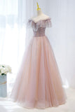 Pink Tulle Beaded Long Formal Dress, Pink V-Neck Prom Dress HZ0429